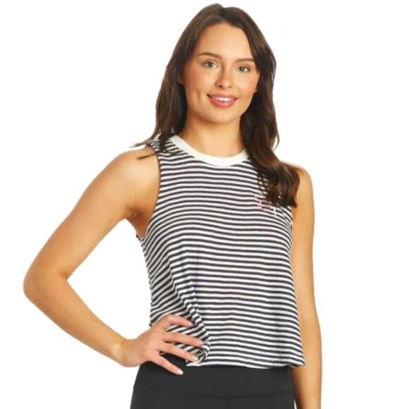 Spiritual Gangster Navy & White Striped Raw Edge Crop Tank Top - Picture 1 of 13